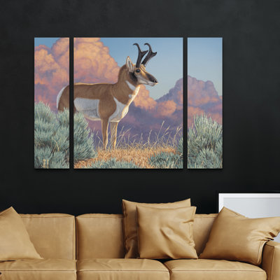Ensemble de 3 panneaux muraux - Jeff Hoff «After the Storm Pronghorn», art mural sur toile pour le salon, la chambre à coucher ou le bureau 