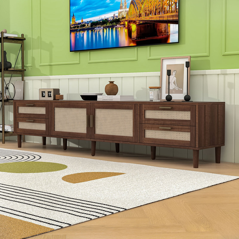 Console média moderne en rotin Boho avec portes à fermeture douce, gestion des câbles