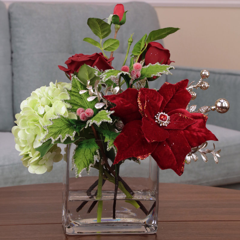 Rose Hydrangea Poinsettia Vase - 14.5 Inches