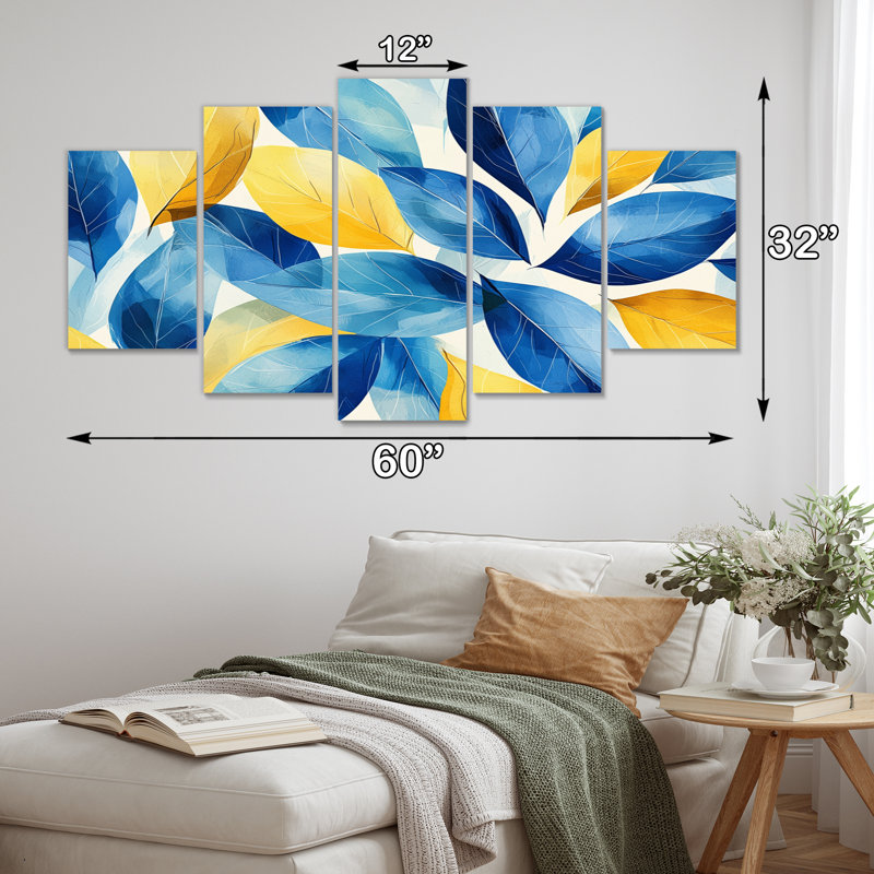 Feuilles numériques bleues et jaunes I - décoration murale jaune - art mural traditionnel diamant