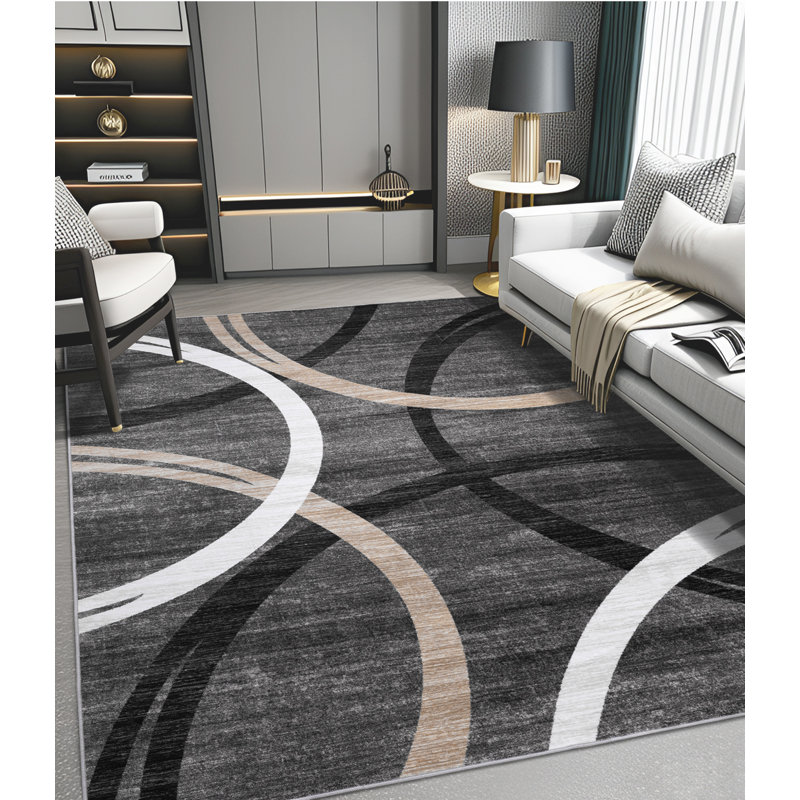 Modern Wave Curve Machine Washable Area Rug in Black, Rectangle 8' x 10'