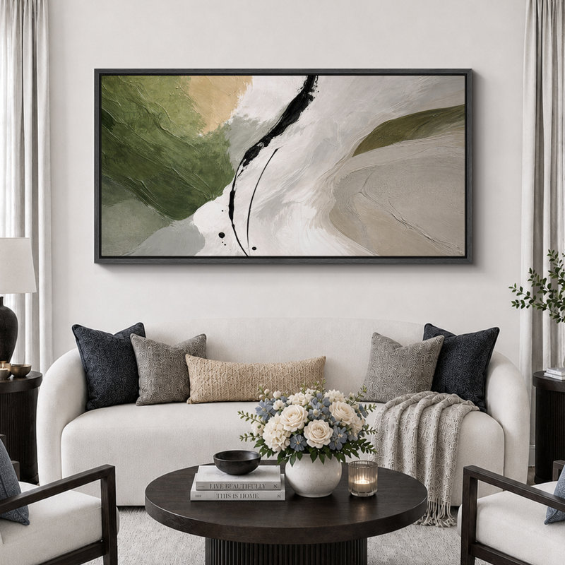 Abstrait vert beige, composition minimale, photos de salon contemporain, impression sur toile encadrée, Cadre noir