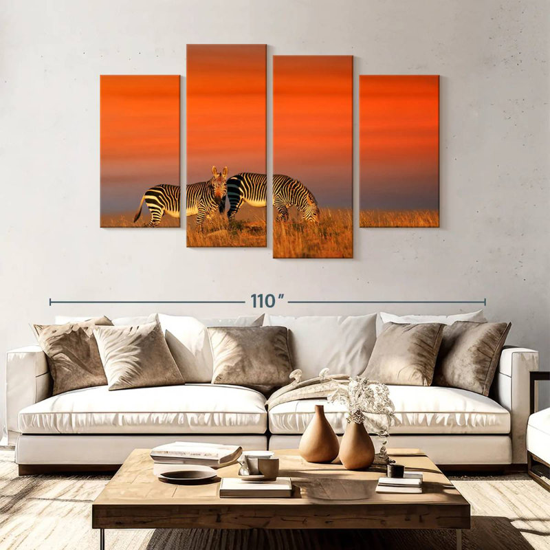 Zèbres Brampt au coucher du soleil, H 54 po x l 84 po
