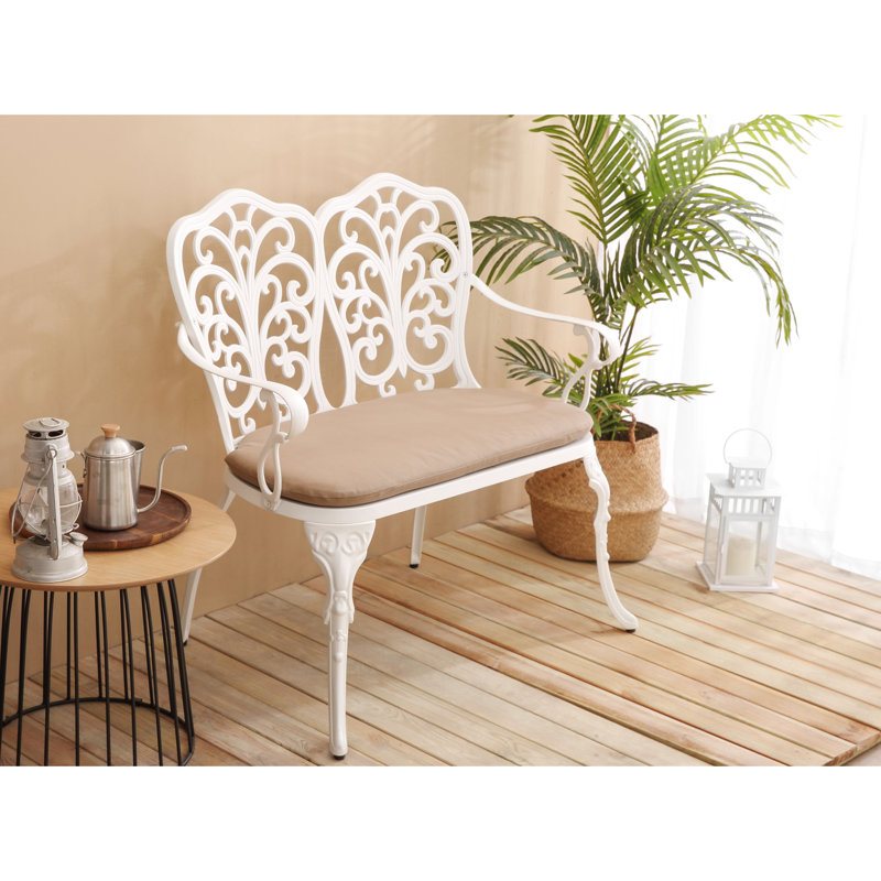 White Cushioned Cast Aluminum Garden Bench With Floral Rose Attractive For Outdoor Patio, Lawn Furniture Detail And Cushion Patio Use