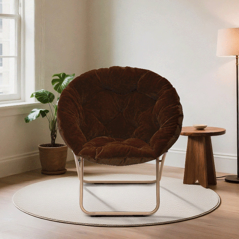 ​​300Lb Capacity Folding Saucer Chair 33" Round Metal Frame Synthetic Fur​​ Lounge Chair X-Base 6.5" Fold Depth, Brown