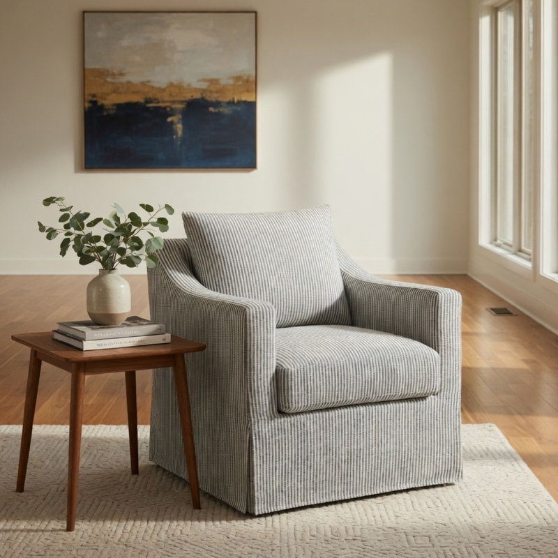 Fauteuil d'appoint pivotant Jira, accoudoirs inclinés, revêtement gris rayé, Gris