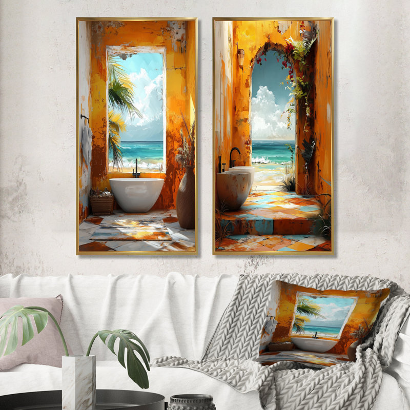 Ensemble de 2 pièces d'art mural jaune et bleu, H 40 po x l 40 po, Cadre flottant doré