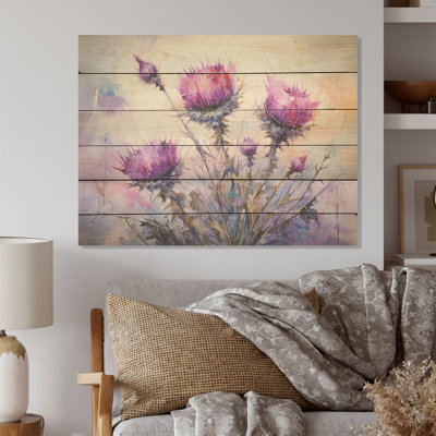 Chardons royaux mauves - chardon, art sur bois de pin naturel