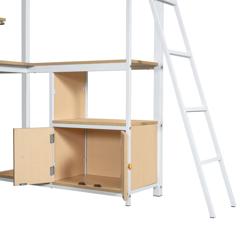 Lit mezzanine simple en métal avec poste de travail intégré, rangement à DEL et multiples, Blanc