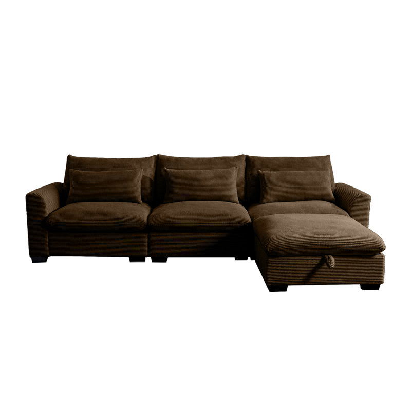Sectional Sofa L Shaped Couch with Storage Footstool and 3 Pillow, Brown Corduroy, 34.6" H x 122" W x 33.8" D