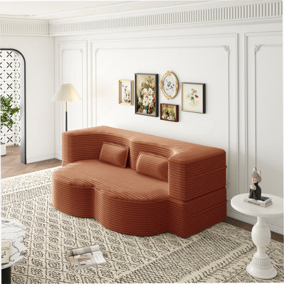 Floor Sofa With 2 Pillows,Convertible Plush Corduroy Foam-Filled Sleeper Sofa Bed,15" Full Size Folding Mattress For Living Room,Guest Bed,No Assembly Required