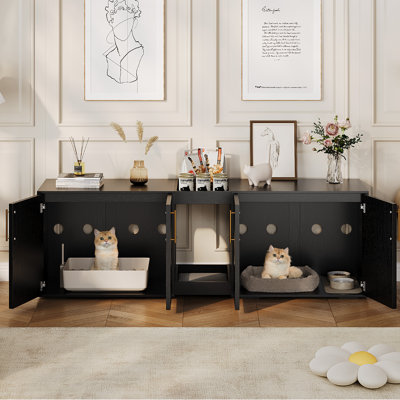 Enceinte de litière pour chat 2 chats, armoire à litière en bois 55,08 po x 17,72 po x 22,44 po, grand bac à chat fermé avec tablette de rangement, coussin moelleux, salle de bain pour chat cachée moderne, noir