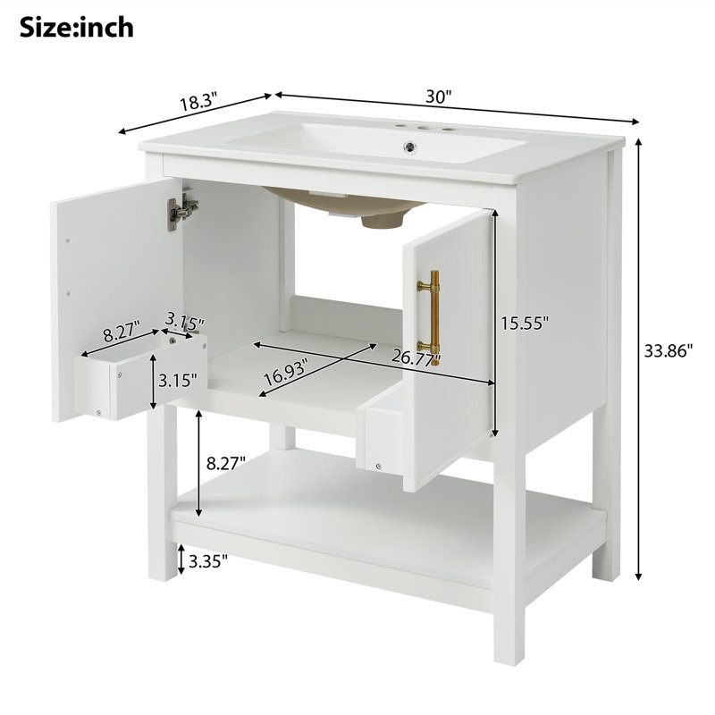 Meuble-lavabo simple autoportant de 30 po avec lavabo en céramique, Blanc
