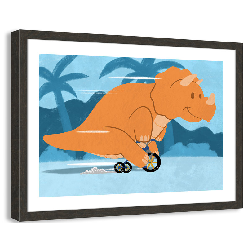 «Riding Dino 2», impression sur papier, H 24,5 po x l 34,5 po x P 0,6 po, Encadré plat à grain de bois noir