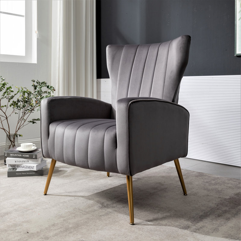 Fauteuil en velours à pieds en métal, Gris