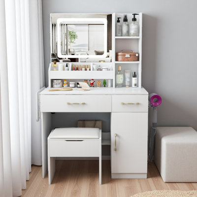 Vanity Desk With LED Mirror Lights And Power Outlet Charging Station, Makeup Dressing Table With 3 Drawers, 7 Shelves And Storage Stool