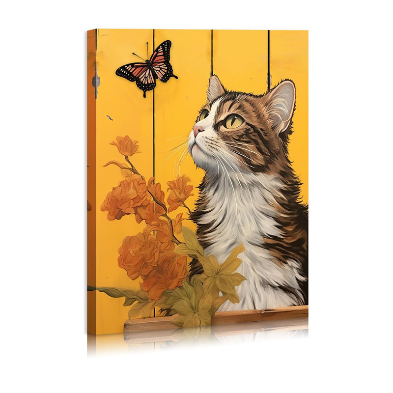 Butterfly Cat Wall Art Yellow Lover Gifts For Women Cute Poster Little Bedroom For Living Room Baby Room Nursery Bedroom Bathroom Office Decor Framed Ready To Hang 12X16inches
