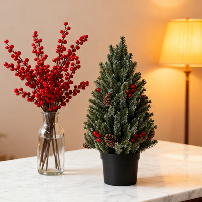 1 Piece Desktop Artificial Christmas Tree Potted Plant, 18 Inch Mini Simulated Plant with Black Plastic Planter for Indoor and Outdoor Office Home Desktop Decorative Greenery