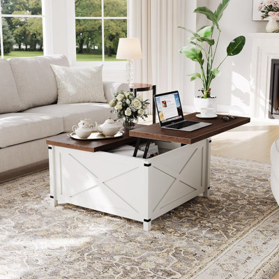 Farmhouse Coffee Table with Lift Top, 31.5 Inch Square Rustic Cocktail Table with Storage, x-Shaped Design & Industrial Metal Accents, Sturdy Wood Center Table for Living Room