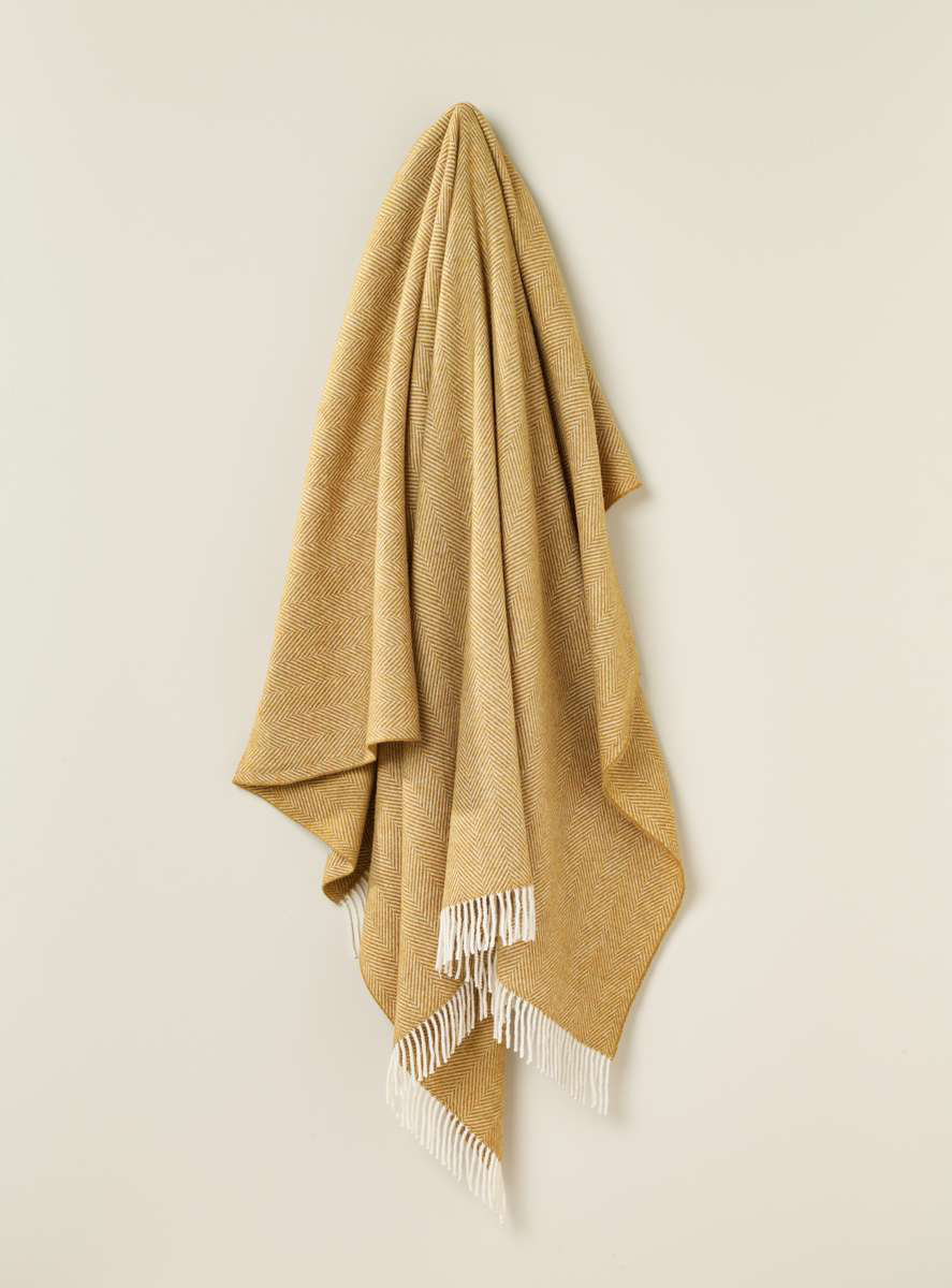 Merino Lambswool Throw/Blankets Hand Woven Blanket, Gold Herringbone