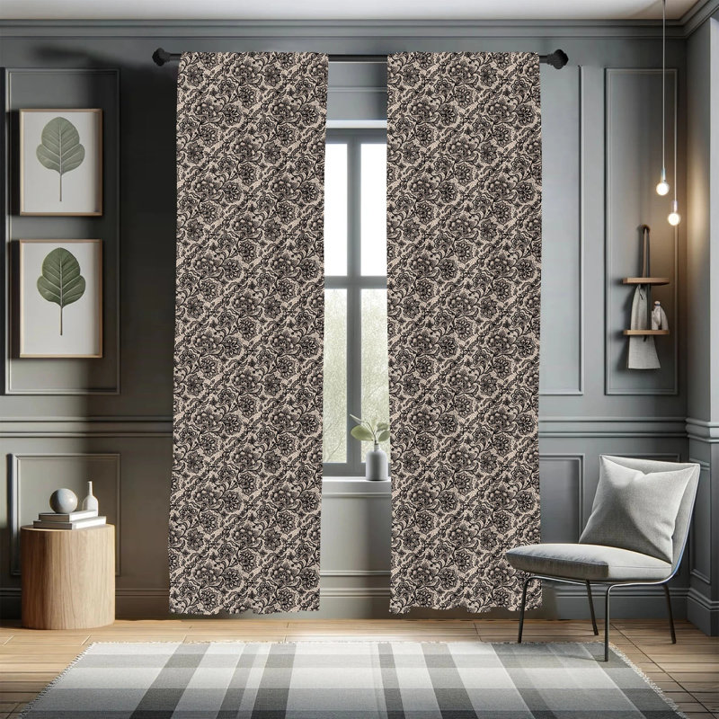Black Lace Detail Room-Darkening Polyester Curtain Panels, 28" x 63"