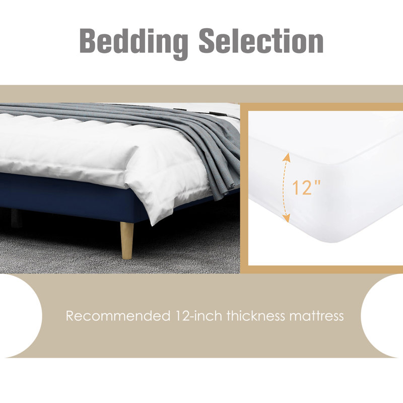 King Size Blue Velvet Upholstered Platform Bed with Tufted Headboard