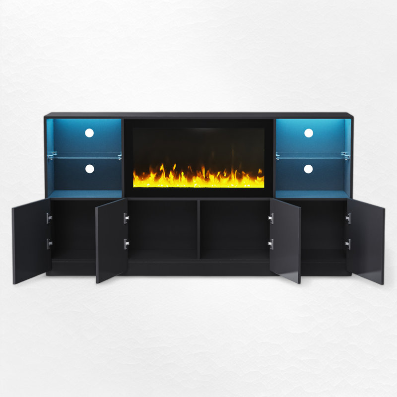 Meuble télé pour téléviseur de 75 po ou moins avec foyer électrique Gwinevere, Noir, noir, noir, noir