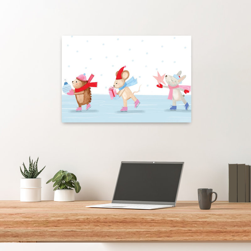 Whimsy Ice Skating Critters Contemporary Art, 16" H x 24" W