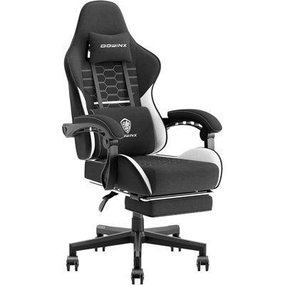 Dowinx Gaming Chair Fabric with Pocket Spring Cushion, Massage Game Chair Cloth with Headrest, Ergonomic Computer Chair with Footrest 290LBS, Black White
