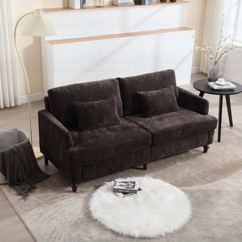 Canapé en chenille de style Mid-Century moderne en tissu, 2 places, rembourré pour le salon et la chambre à coucher avec pieds en bois brun
