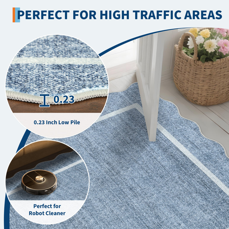 Scalloped Area Rugs Non-Slip Bordered Floor Mats, Non-Shedding Soft Low Pile Modern Accent Rugs, Washable Farmhouse Indoor Carpet for Living Room, Bedroom, Office