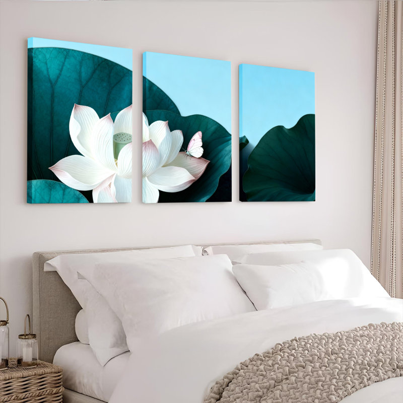 Ensemble de 3 tableaux sur toile tendue représentant des fleurs de lotus blanches et des papillons, pour la décoration du salon et de la chambre à coucher.