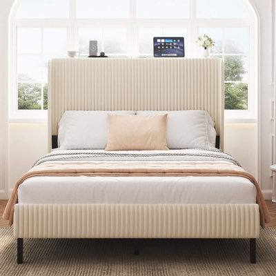Metal Bed Frame With Charging Station And Storage Headboard (Beige), Noise-Free Design, No Box Spring Needed