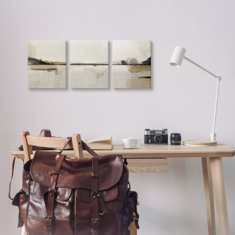 «Abstract Abstract Beige Landscape», ensemble de 3 toiles murales par Ros Ruseva, H 14 po x l 11 po x P 1,5 po