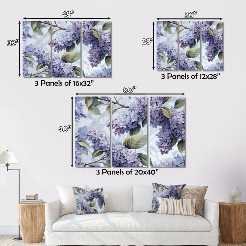 Mauve et gris, lilas, fleurs parfumées IV sur toile, 3 pièces, H 40 po x l 60 po x P 1 po
