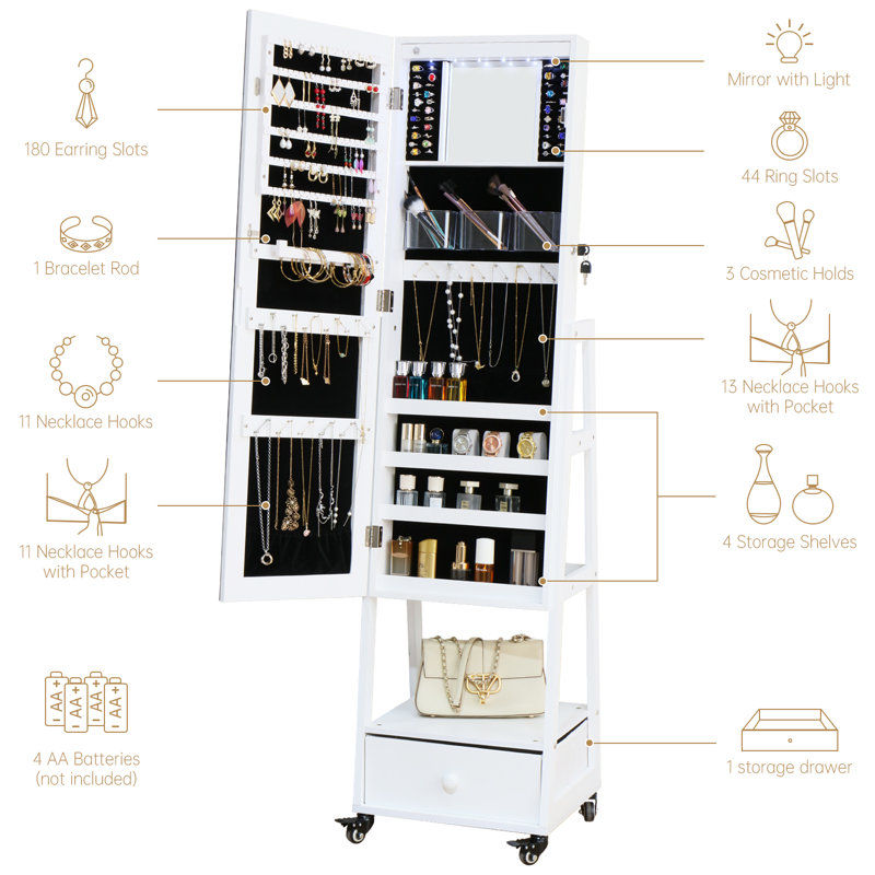 Armoire à bijoux avec miroir sur pied, miroir pleine grandeur avec rangement pour bijoux avec écran tactile et miroir de meuble-lavabo
