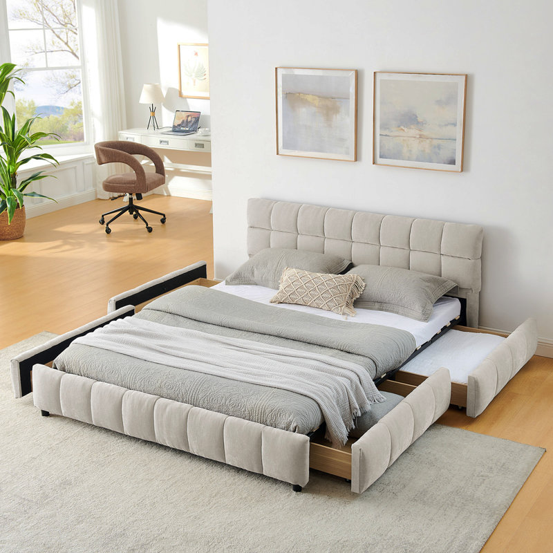 Queen Size Upholstered Bed ,Comfortable Upholstered Bed Frame, With Headboard And Solid Bed Frame. With Drawer For Storage.-Beige(88.5''*68.5''*31'')