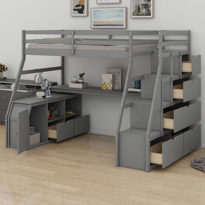 Lit mezzanine tout-en-un avec bureau, tiroirs, tablettes, Gray