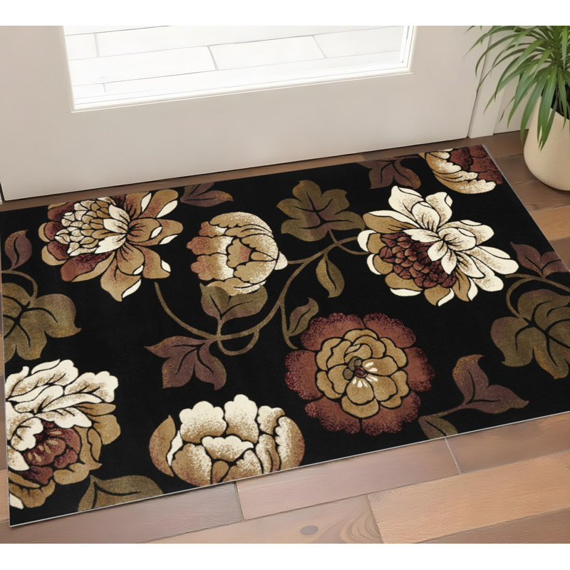 2' X 3' Black Tan And Ivory Floral Area Rug