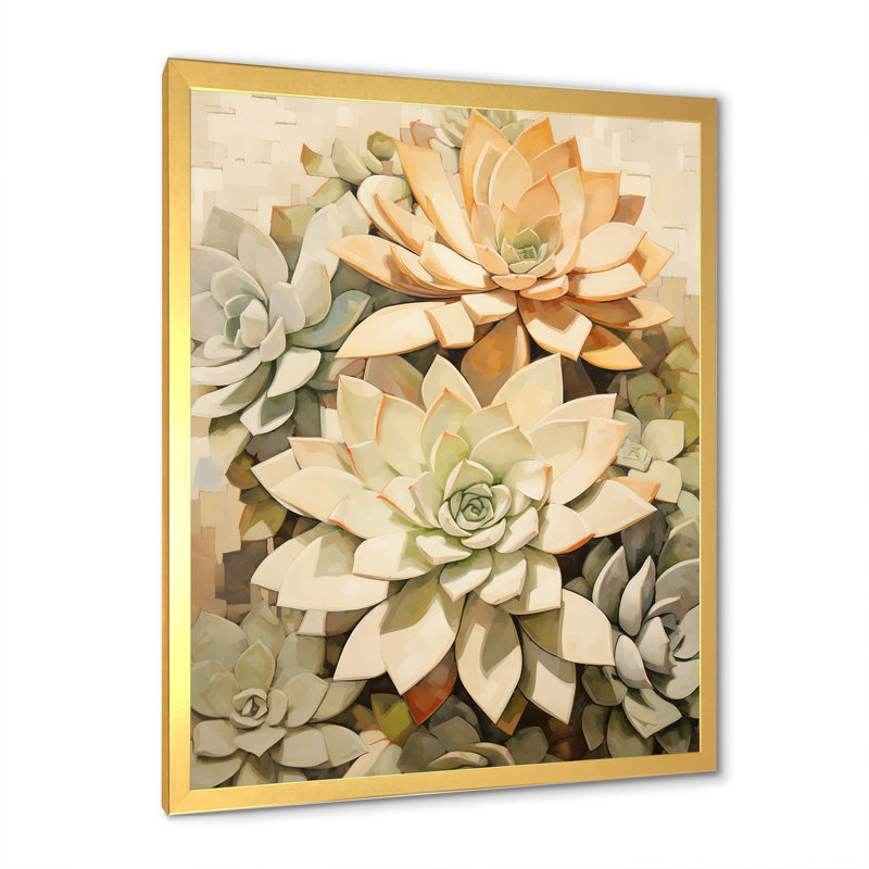 Beige plante grasse douce V, H 32 po x l 16 po x P 1 po, Cadre doré simple