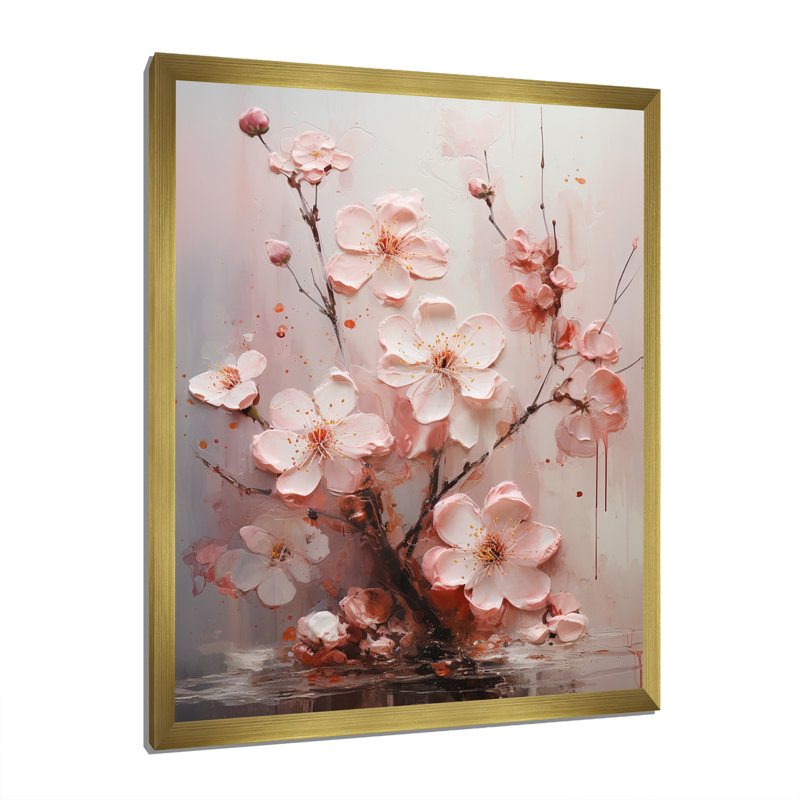 «Minimalist Pink Blossoming Cherr Blossoms I», reproduction sur toile, Cadre doré à une seule photo