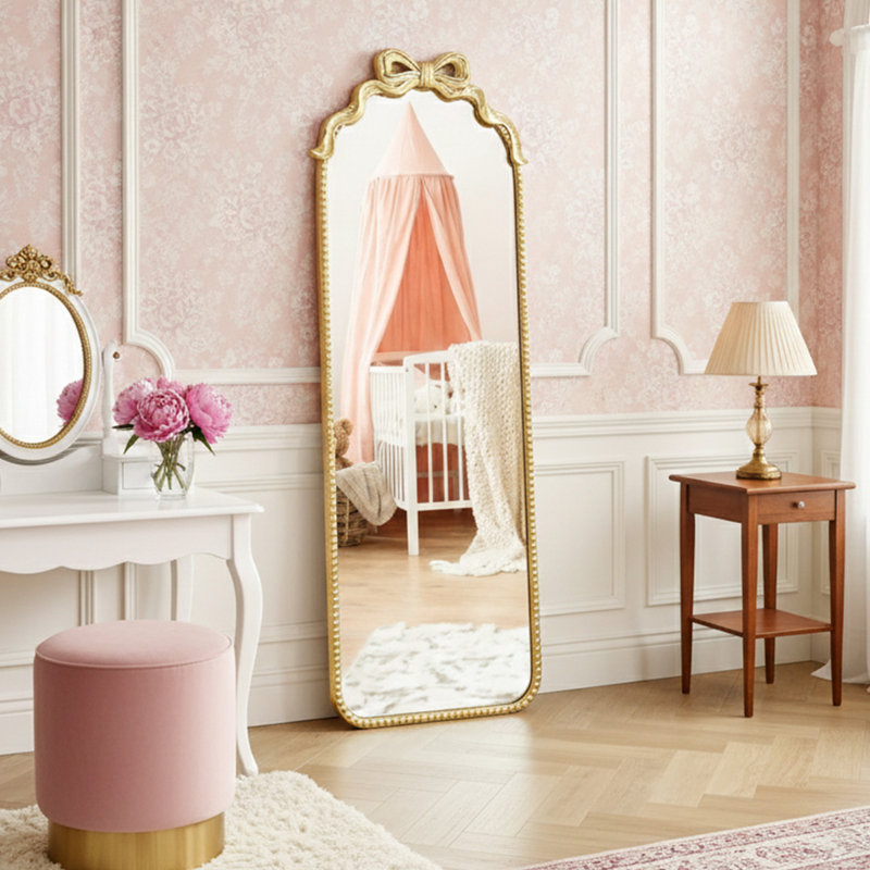 Antique Gold Baroque Arched Full Length Floor Mirror with Bow Accent (61" x 22"), 61" x 22"