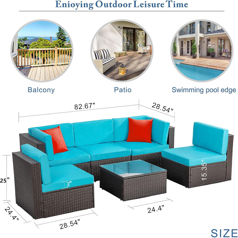 6 Piece Wicker / Rattan Outdoor  Sectional Seating Group with Cushions, Blue
