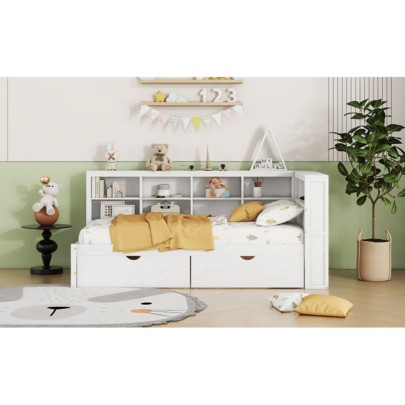 Lit de jour simple avec 2 tiroirs, lit de jour avec tablette de rangement et ports de chargement USB, lit de jour, Blanc