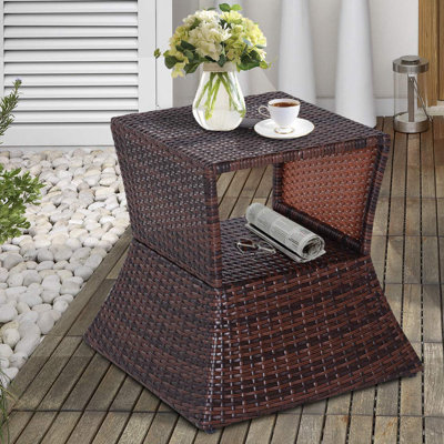 Rattan Wicker Side Table With Umbrella Hole And 2 Tier Storage Shelf by Dakota Fields