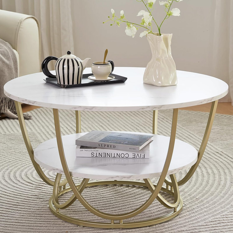 30 Inch White Marble Print Coffee Table with Gold Frame and Storage