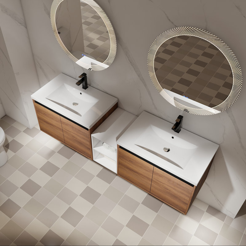 Meuble-lavabo mural avec deux lavabos en résine, une tablette et des portes à fermeture en douceur, 72"