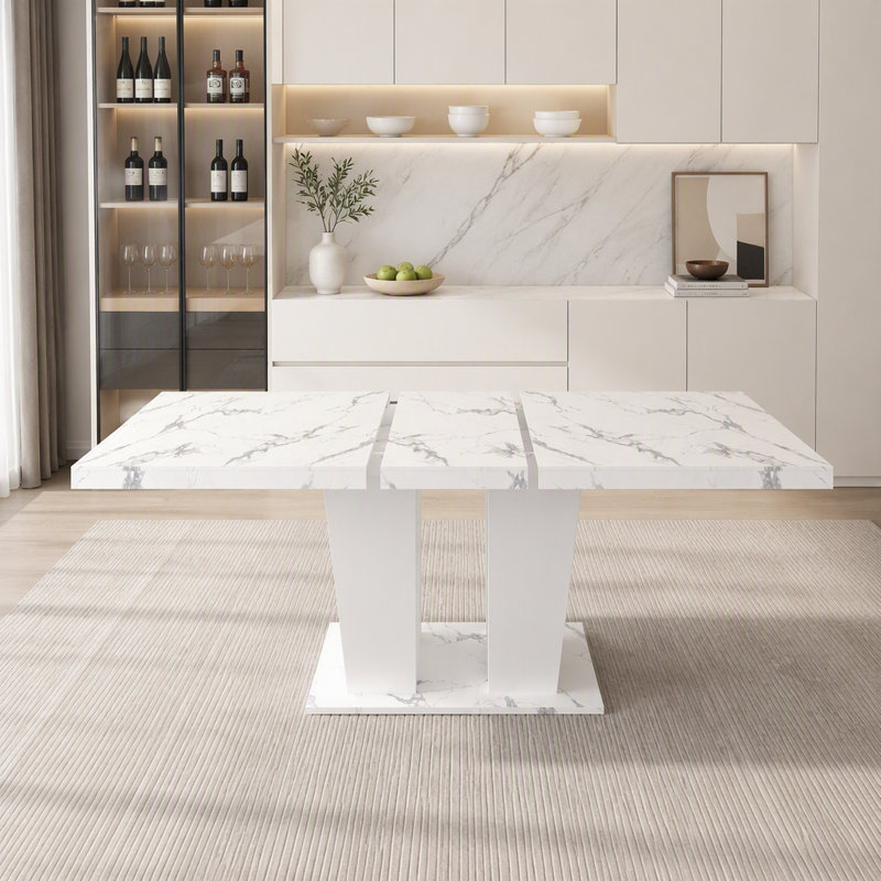 Table de salle à manger extensible pour table de cuisine extensible en bois de faux marbre blanc moderne 6-10 avec base à double colonne, grande table de salle à manger rectangulaire (table seulement)
