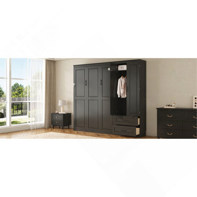 Lit escamotable Queen Size avec armoire intégrée, tiroirs de rangement et tête de lit rembourrée, noir