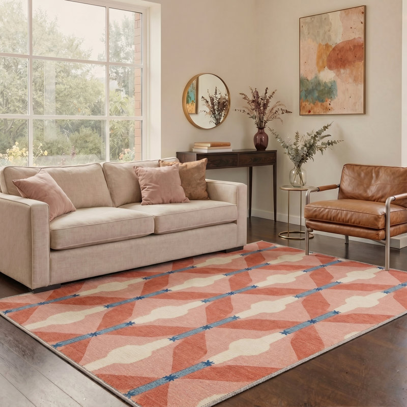 Modern Striped Machine Washable Red / Beige / Blue Indoor Area Rug with Non-Slip Backing, Rectangle 8' x 10'